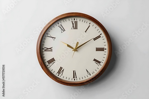 Round wall clock with a wooden frame and golden hands indicates ten past ten
