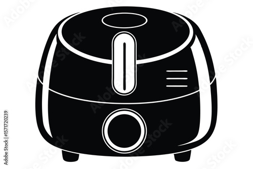 Black Air Fryer Silhouette with Control Panel, Timer, and Circular Design Elements