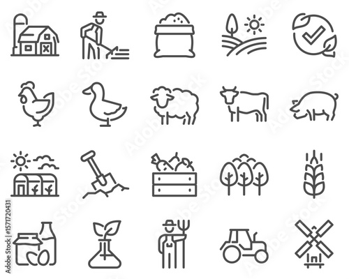 Simple set of vector line icons related to agriculture. Contains barn, livestock, tree garden and more.