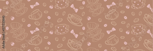 Seamless vector pattern with cute ceramic cup for coffee and tea. Coffee beans, flirty bows and candies. Linear pattern for wedding invitation, Valentine's Day design. Romantic hand drawn background.