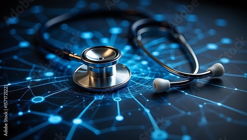 Stethoscope on a blue data network background representing healthcare technology,  High-tech medical diagnosis using artificial intelligence concept with stethoscope
