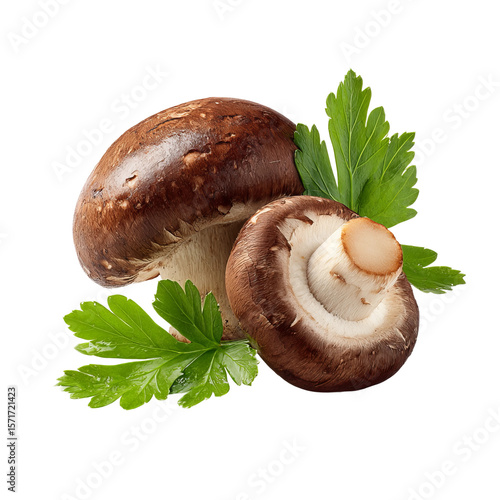 Close-up shot of two fresh mushrooms with green leaves