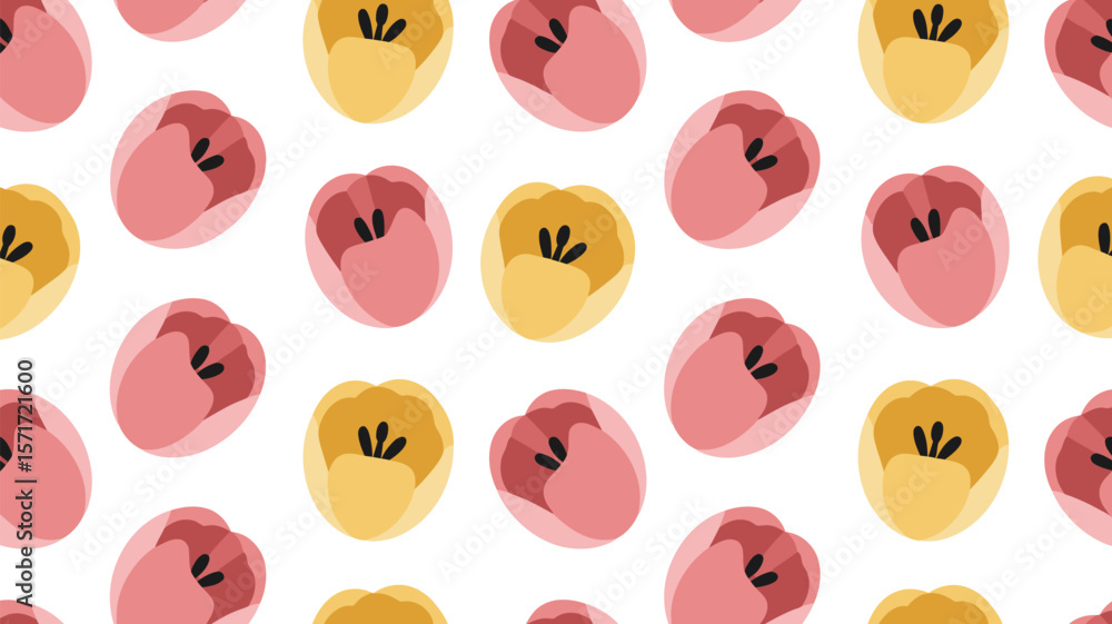 Obraz premium Repeating pattern of pink and yellow tulip flowers on a light cream background