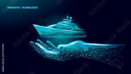 Dream yacht on hand concept. Luxury boat held marine transport wireframe. Travel tourism vacation voyage rental advertising. Low poly blue dark vector