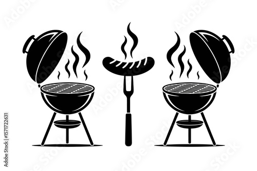 Barbecue Bliss: A classic barbecue scene, with two charcoal grills and a grilled sausage on a fork, all depicted in a stylish monochrome illustration.