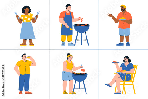 Summertime Gathering: A vibrant collection of diverse individuals engaged in the joyful activity of a barbecue, embodying togetherness and shared enjoyment.