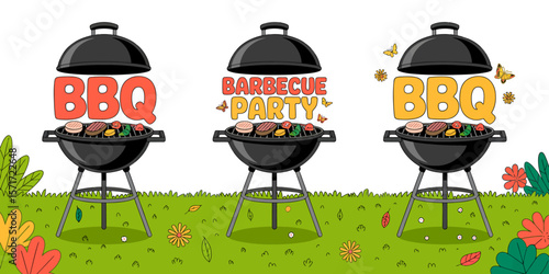 BBQ Party: Three vibrant BBQ scenes, each depicting a mouthwatering spread of grilled meats and colorful veggies, evoke the spirit of a summer cookout, inviting gatherings and culinary delight.