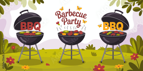 BBQ Party Gathering: An inviting illustration of a barbecue party scene, with three grills laden with food and ready for a delightful outdoor feast.