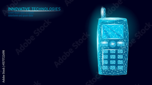 Old mobile phone illustration. Cellular telephone communication gadget polygonal art. Telecommunications history design nostalgia. Blue dark background low poly vector