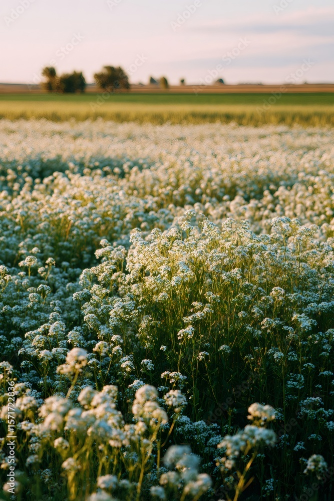 Obraz premium Sunset lit buckwheat field glowing with vibrant blossoming wildflowers