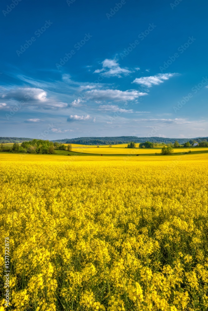 Canola crops stretching towards the horizon under a picturesque sky, creating a vibrant agricultural landscape Canola crops stretching towards the horizon under a picturesque sky, creating a vibrant agricultural landscape