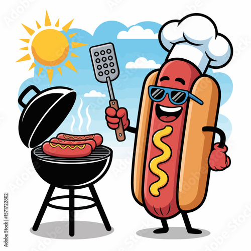 Hotdog Chef's Delight: A cheerful animated hotdog in a chef's hat joyfully mans a grill, flipping hotdogs on a sunny day, capturing the essence of a perfect summer barbecue.