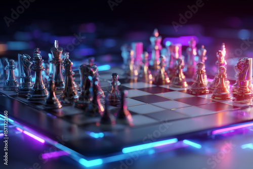 Futuristic chess game with glowing neon lights and metallic pieces on a sleek board, symbolizing strategy and competition