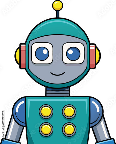 Friendly Cartoon Robot with Teal Body Blue Accents and a Smiling Expression Isolated on White