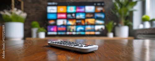 The modern remote control on a stylish coffee table in a cozy living room.