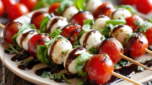 Appetizer skewers with cherry tomatoes, mozzarella, and basil