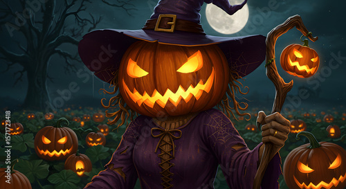 Halloween Pumpkin Head Witch under the Moonlight