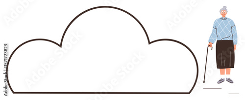 Elderly woman in casual attire standing with a cane beside large blank cloud outline. Ideal for aging, support, care, elder issues, creativity, communication, simple flat metaphor