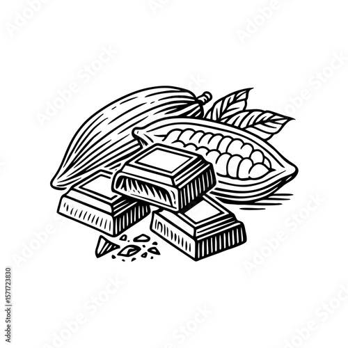 Black and white woodcut-style illustration depicting a cocoa pod and chocolate bars. The image features fine linework with clean, delicate strokes and no textures, creating a hand-carved vintage.