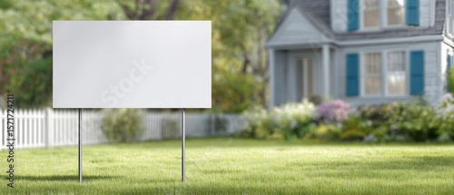 The empty sign in a tranquil suburban garden near a charming home.