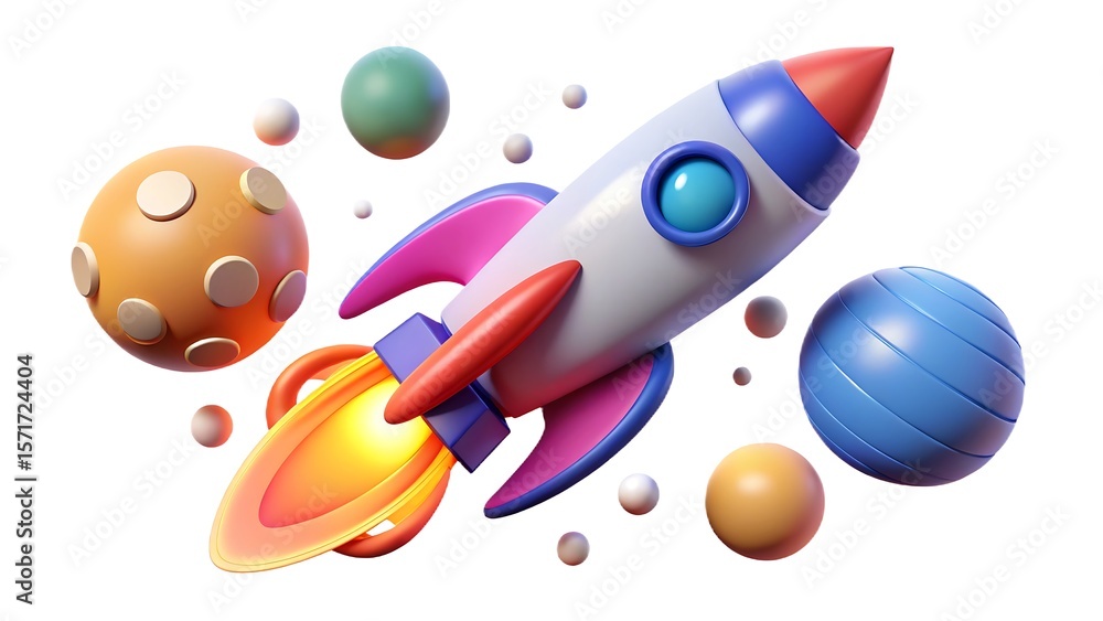 Naklejka premium Stylized 3d rocket ship launching through colorful planets and spheres isolated on white background
