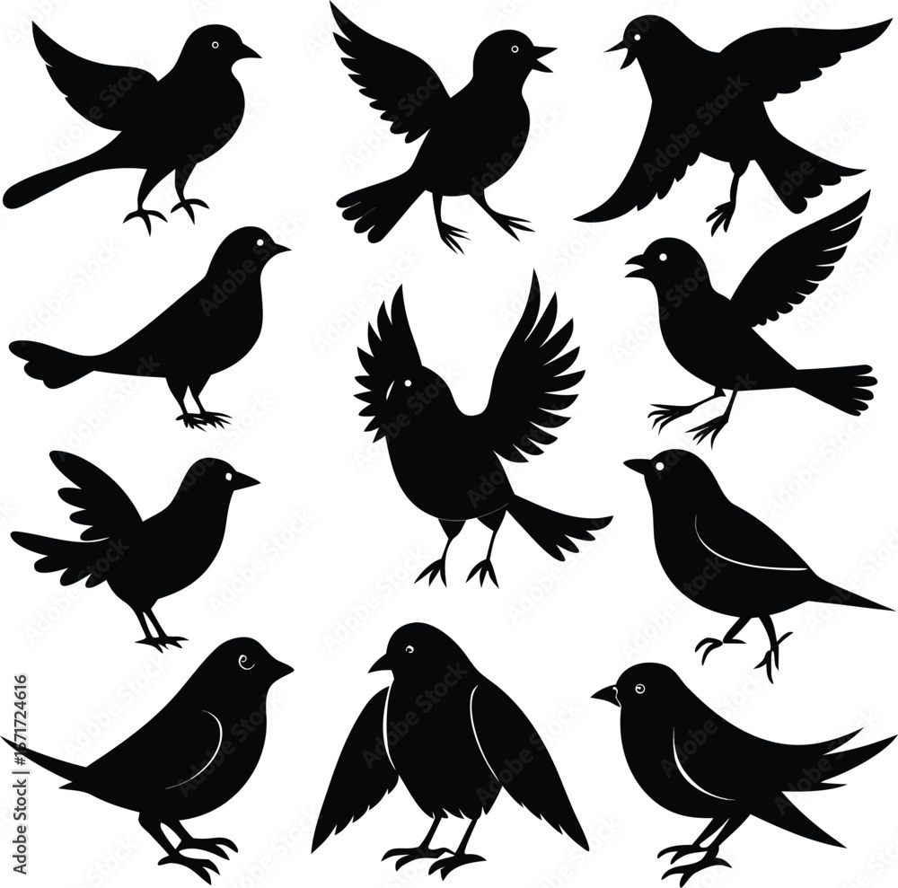 Obraz premium Birds silhouette bundle vector A collection of 12 black silhouettes in various poses, including jumping, standing, sitting. Each silhouette is clean and minimal,contrast, no details inside the shapes,
