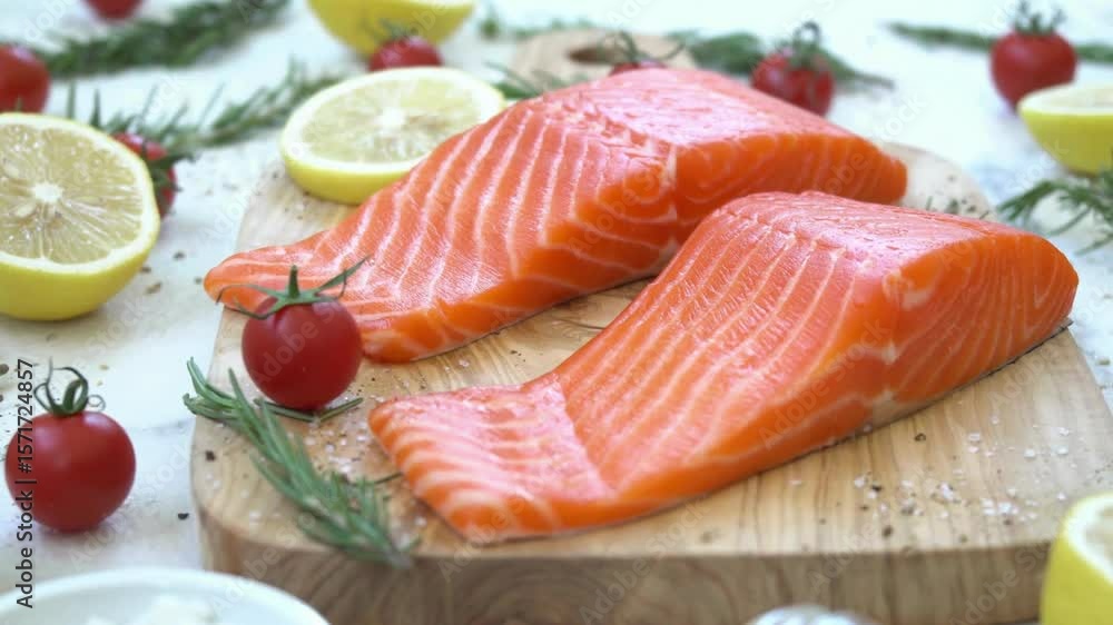 Two fresh salmon fillets are arranged with lemons and tomatoes Two fresh salmon fillets are arranged with lemons and tomatoes