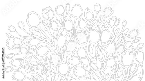 Outline drawing of a bouquet of tulips and leaves for coloring book pages art