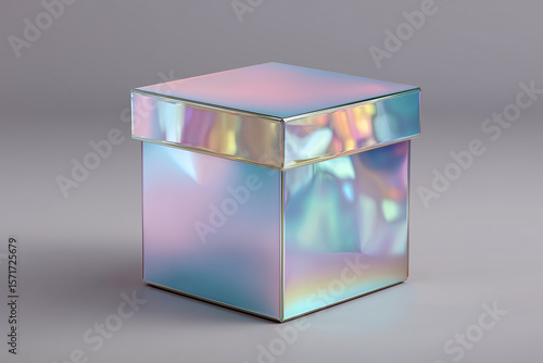 Iridescent gift box with a glossy finish, reflecting light in various colors, placed on a soft gray background