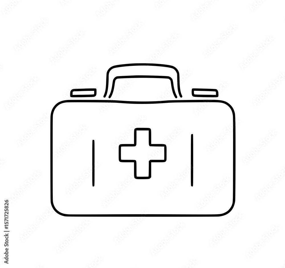 Fototapeta premium First Aid Kit Line Art: A simple black and white line art illustration of a classic first aid kit, featuring a prominent cross symbol and a sturdy handle, ideal for medical or safety designs.
