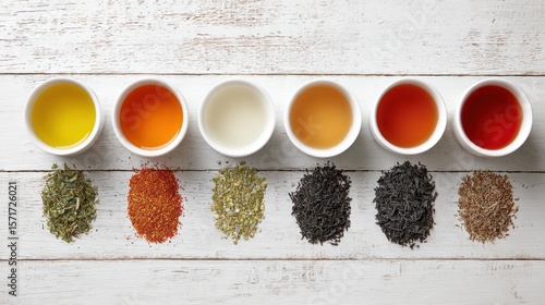 Assorted tea varieties on white wood