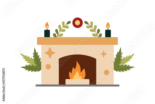 Fireplace Mantel Decorated With Natural Winter Elements