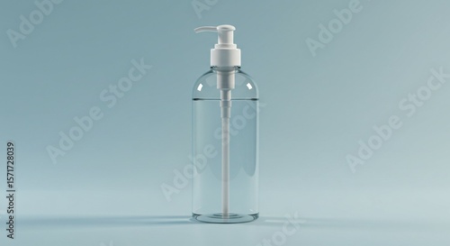 Minimalist clear plastic bottle with white pump filled with clear liquid on light blue pastel background, Ai generated Images