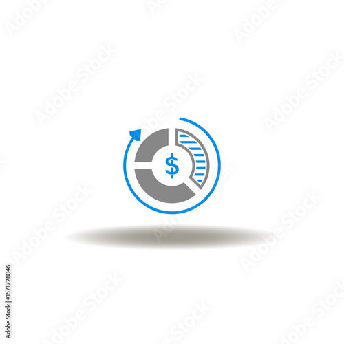 Vector illustration of round diagram with sectors with dollar currency and round arrow. Symbol of cost estimate analysis.