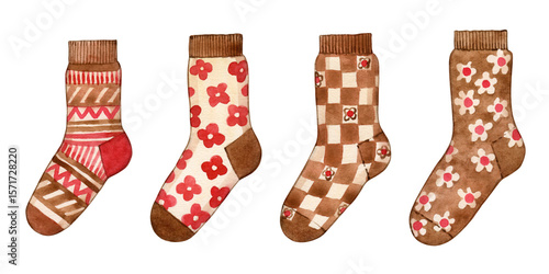 Watercolour hand drawn jacquard knitted socks with ornament, use as print, illustration, element design, card, invitation, label, hang+tag.