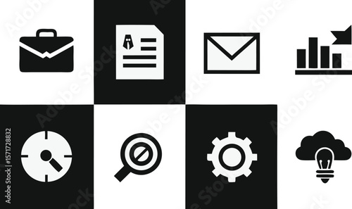 Set of business icons including symbols for phone mail computer email network communication and technology in vector style for web and design use