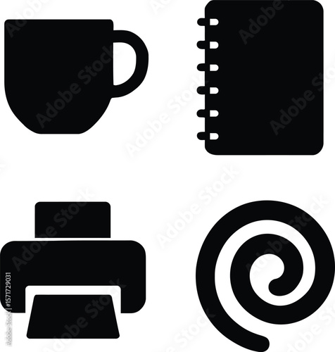 Simple black icons of a coffee mug notebook printer and a spiral shape