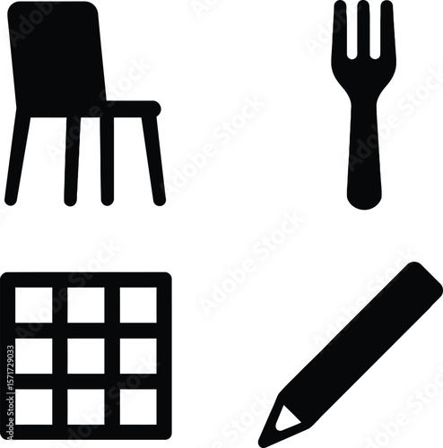 Simple black icons of a chair fork grid and pencil on a white background