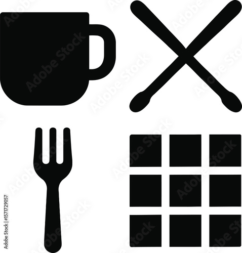 Simple black icons representing food drink and music elements on a white background