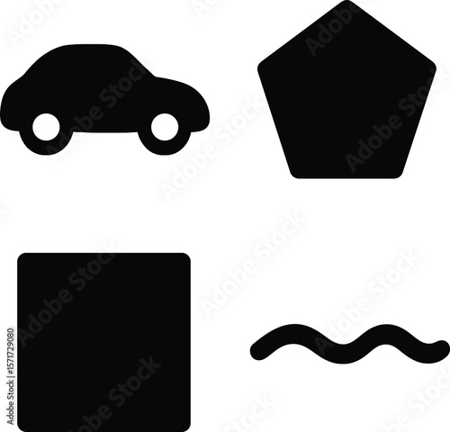 Simple black icons of a car a pentagon a rounded square and a wavy line on a white background