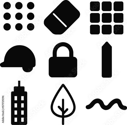 Collection of nine distinct black graphic icons representing various concepts on a white background