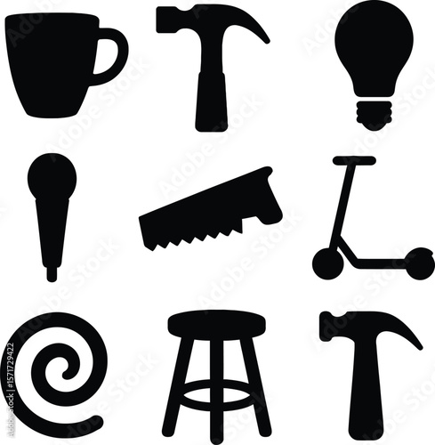 Collection of nine black silhouette icons representing common objects and tools on a white background