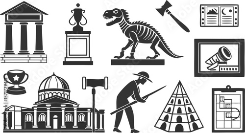 Ancient symbols and landmarks in vector illustration style featuring Egyptian and Greek elements
