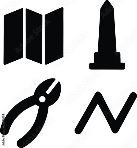 Collection of four distinct black vector icons on a white background including a map obelisk pliers and zigzag line