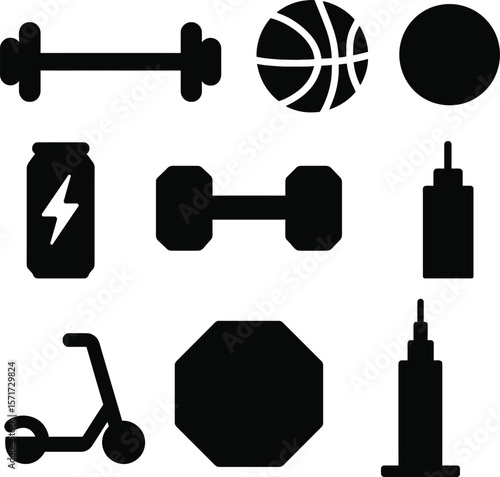Collection of black silhouette icons representing fitness sports and urban lifestyle elements