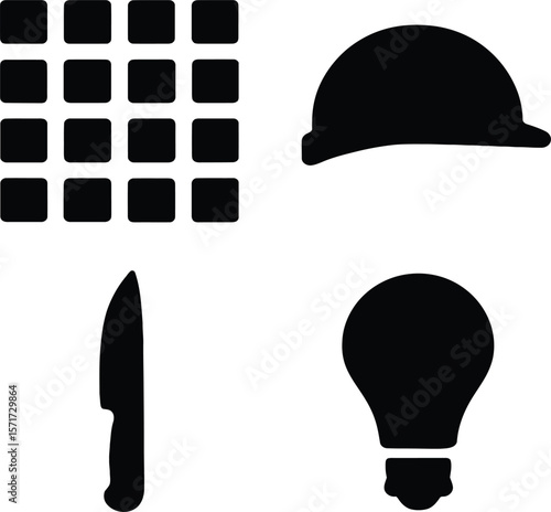 Collection of black silhouette icons including a grid of squares a hard hat a knife and a light bulb