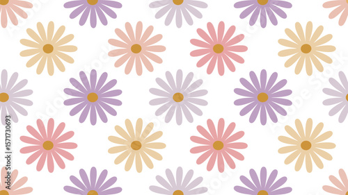 A repeating pattern of pastel colored daisy flowers on a light beige background