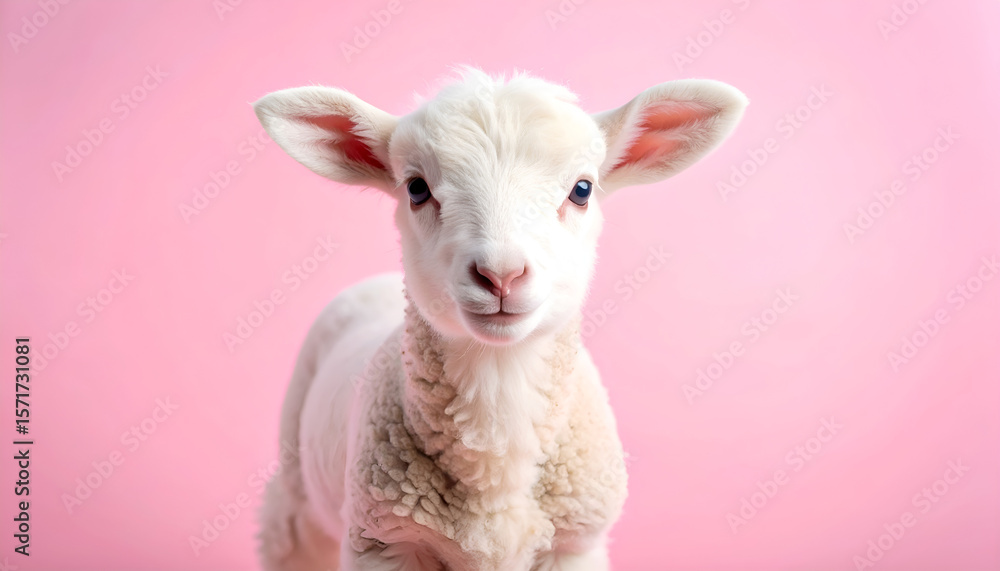 Fototapeta premium Adorable white lamb with soft wool and blue eyes, posing against a pink background.