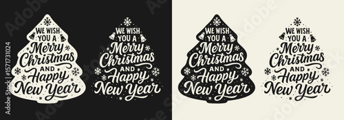 Bold hand-lettered phrase "We wish you a Merry Christmas and Happy New Year" stacked to form a Christmas tree shape, surrounded by snowflakes and bells. Black and white flat vector.