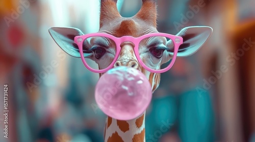 Funny giraffe blowing bubble gum and wearing pink glasses – whimsical animal portrait with humor and personality, surreal and playful concept for creative or editorial use.